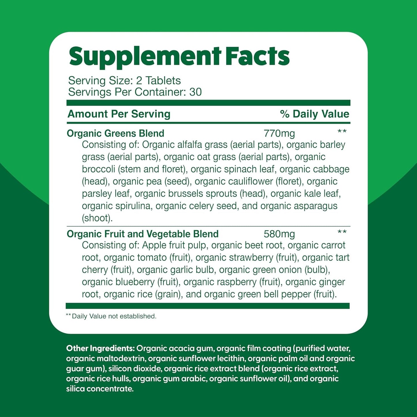 Feel Great Vitamins Super Greens Tablets with Kale, Spinach Extract, Green Onion, and More, 60 Tablets