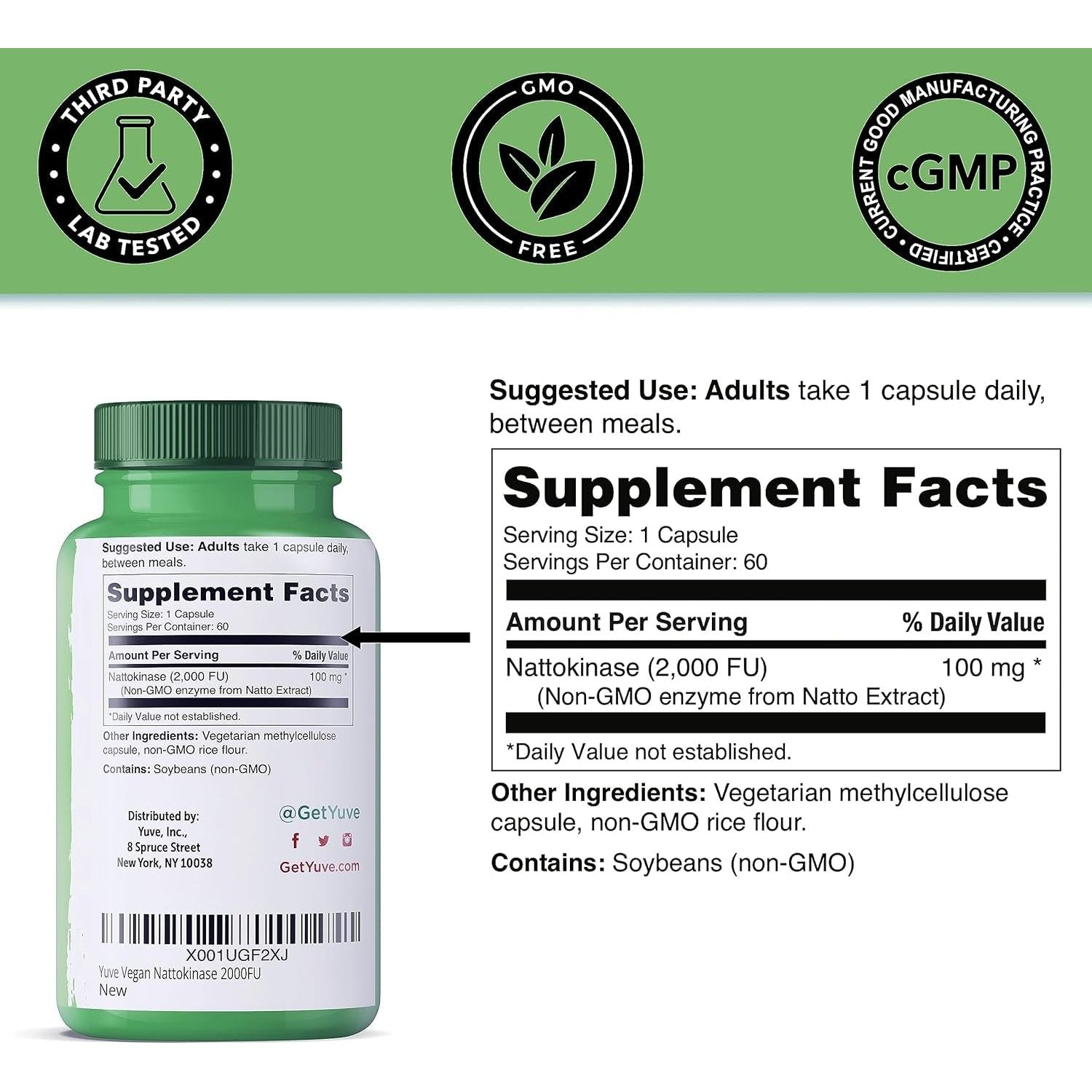 Yuve Nattokinase 4000 FU, Nattokinase Supplement for Cardiovascular Health Support 60 Pills, Made in USA