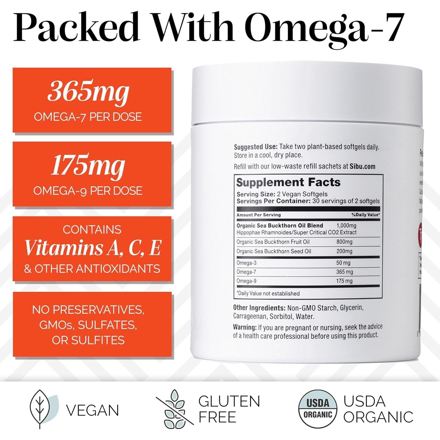 Sibu Omega-7 Softgels, Premium Organic Himalayan Sea Buckthorn Oil (30 Day Supply)