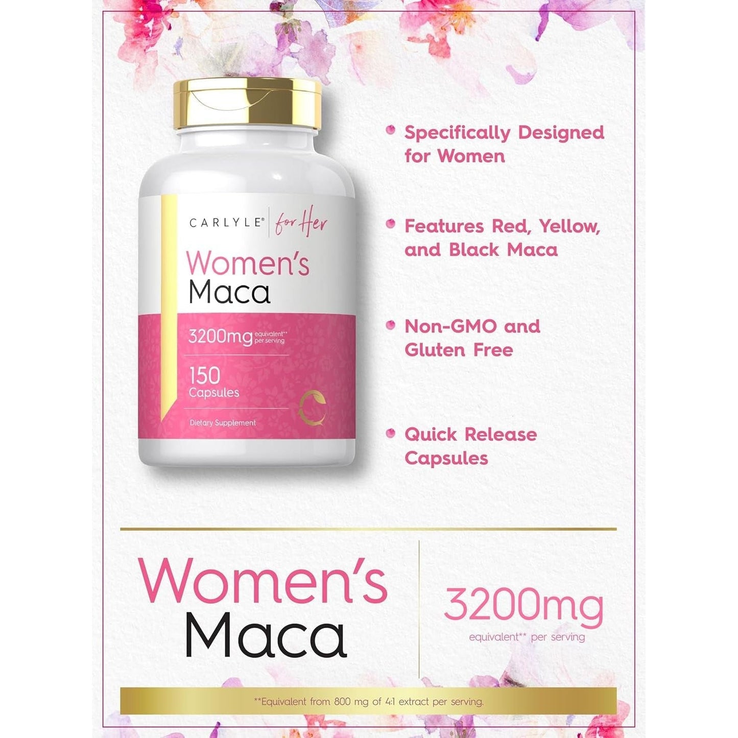 Carlyle Maca Root Capsules for Women 3200Mg | 150 Count | Non-Gmo, Gluten Free Supplement | for Her