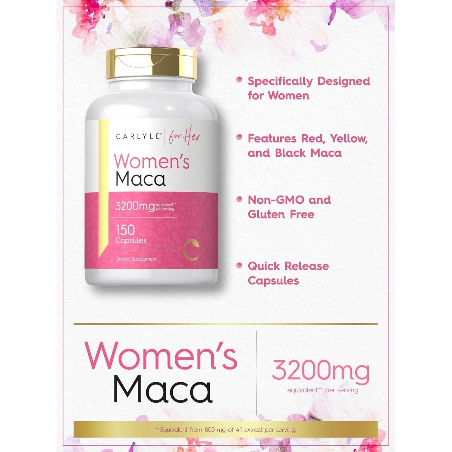 Carlyle Maca Root Capsules for Women 3200Mg | 150 Count | Non-Gmo, Gluten Free Supplement | for Her