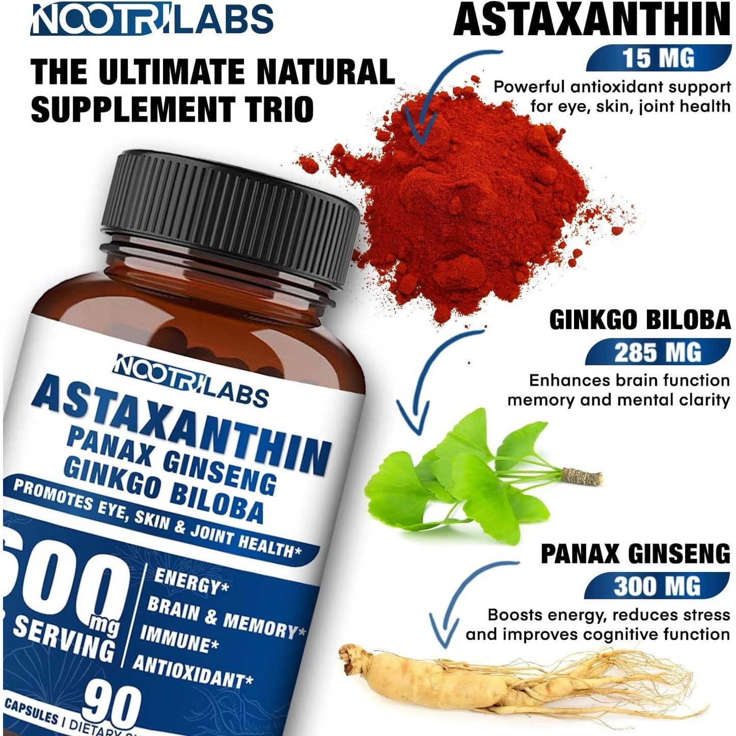 Astaxanthin 15Mg + Panax Ginseng, Ginkgo Biloba Supplements, 90 Vegan Capsules