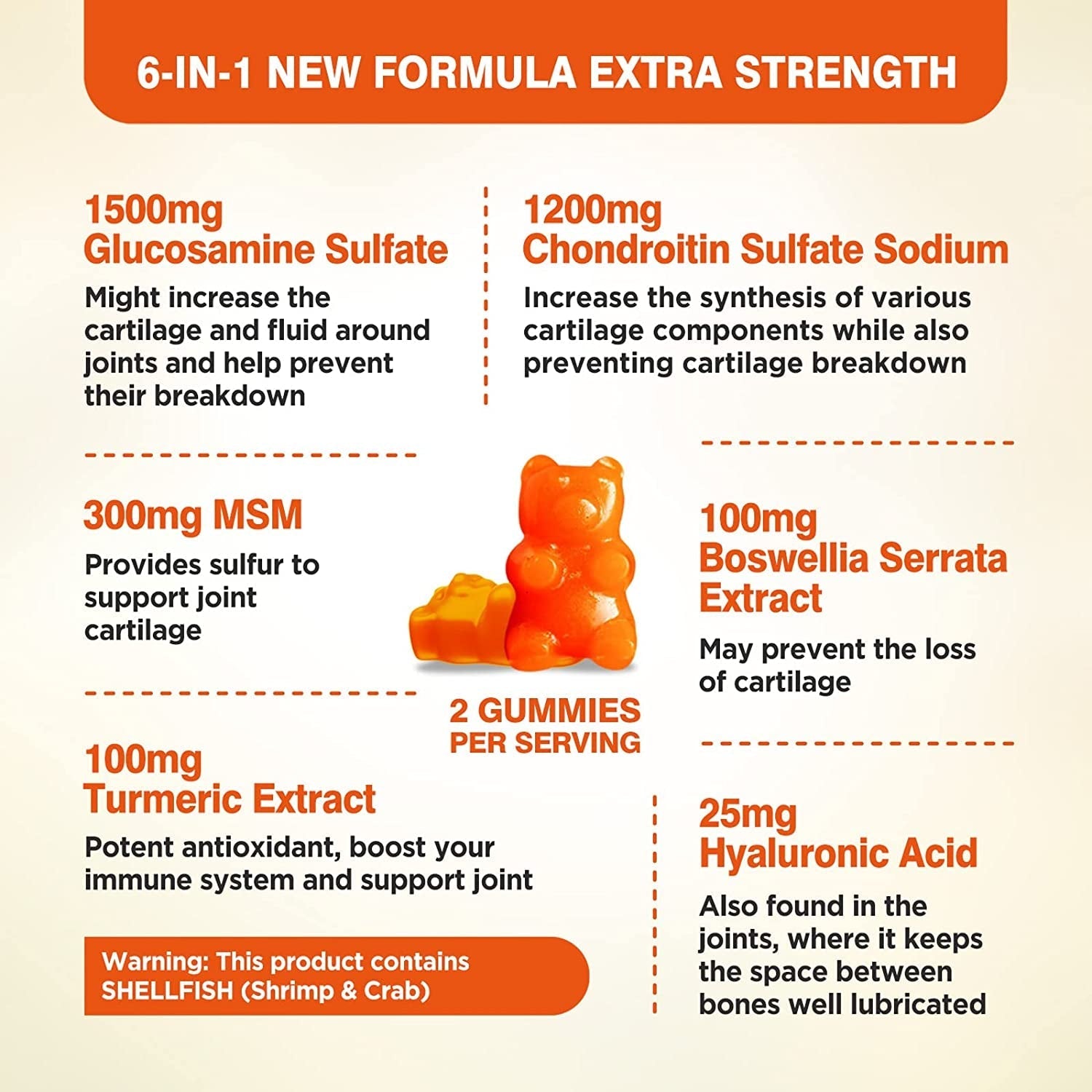 Glucosamine Chondroitin Gummies Sugar Free, Joint Support Gummies Supplements, 1500Mg Glucosamine Chewables with MSM Turmeric, 120 Count