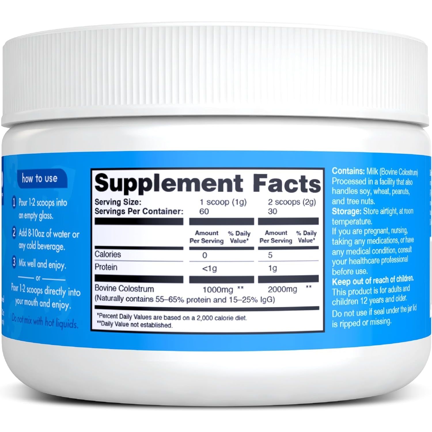 Zena Nutrition Bovine Colostrum Powder Supplement for Gut Health, Immune & Digestive Support, 2000Mg 30 Servings
