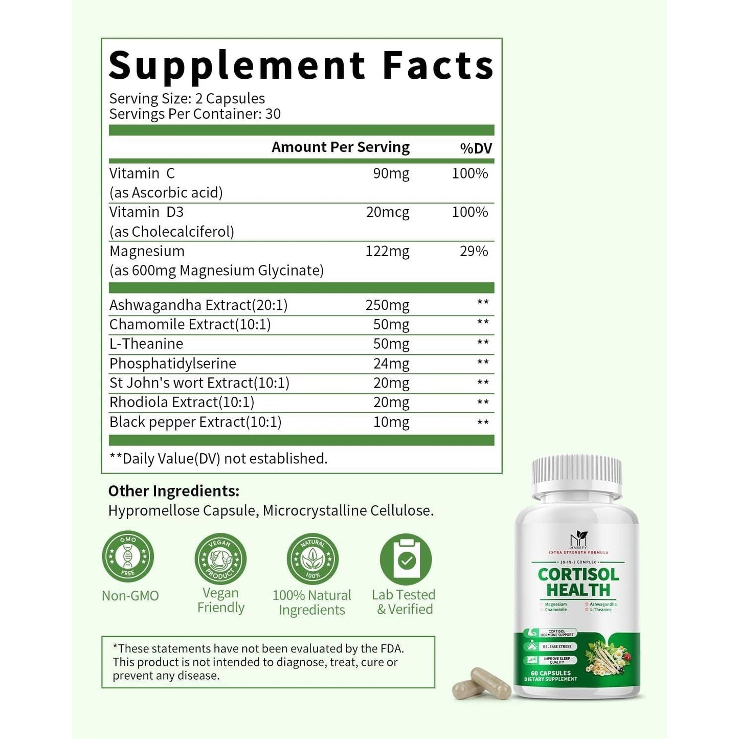 Cortisol Supplement - 10 in 1 Cortisol Manager & Stress Relief for Women - 60 Vegetarian Capsules