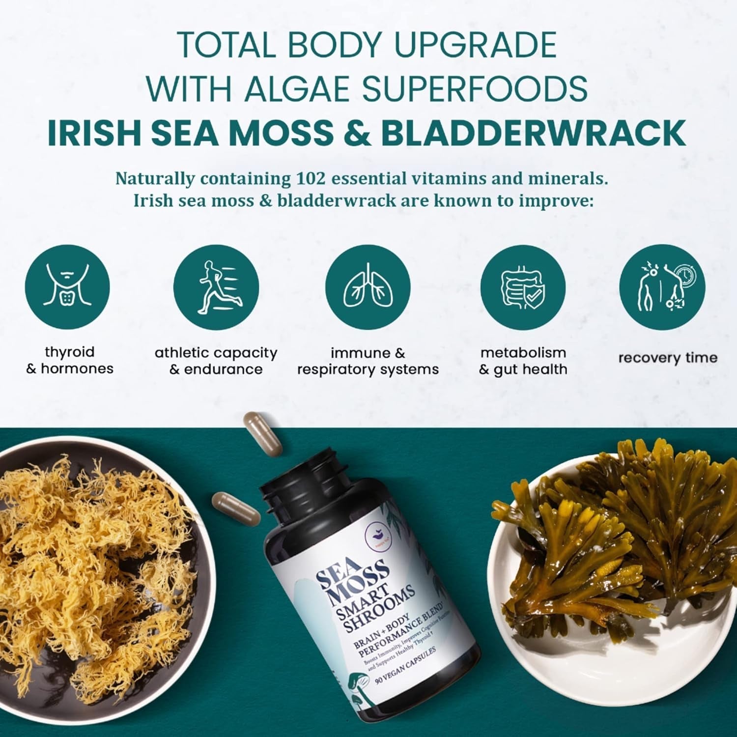 HAPPY FOX Irish Sea Moss Capsules & Mushroom Complex  for Brain Health, 1500Mg, 90 Capsules