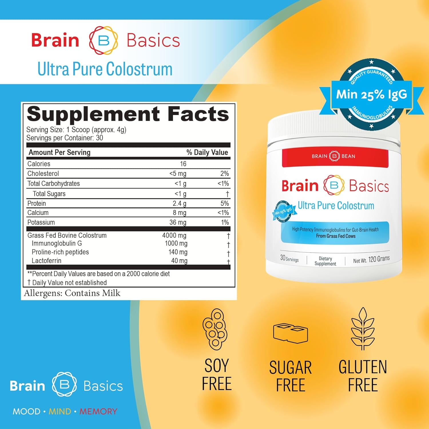 Brain Basics Ultra-Pure Colostrum, 4000Mg for Gut-Brain-Immune Health, Glowing Hair and Skin 120 Grams - 30 Servings