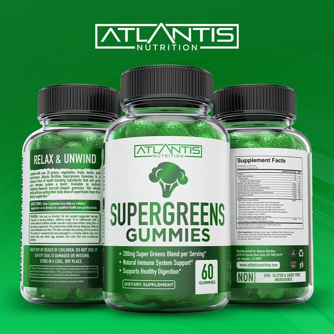 Atlantis Nutrition Supergreens Gummies - Daily Green Superfoods Supplement - Natural Raspberry Flavor, 60 Count