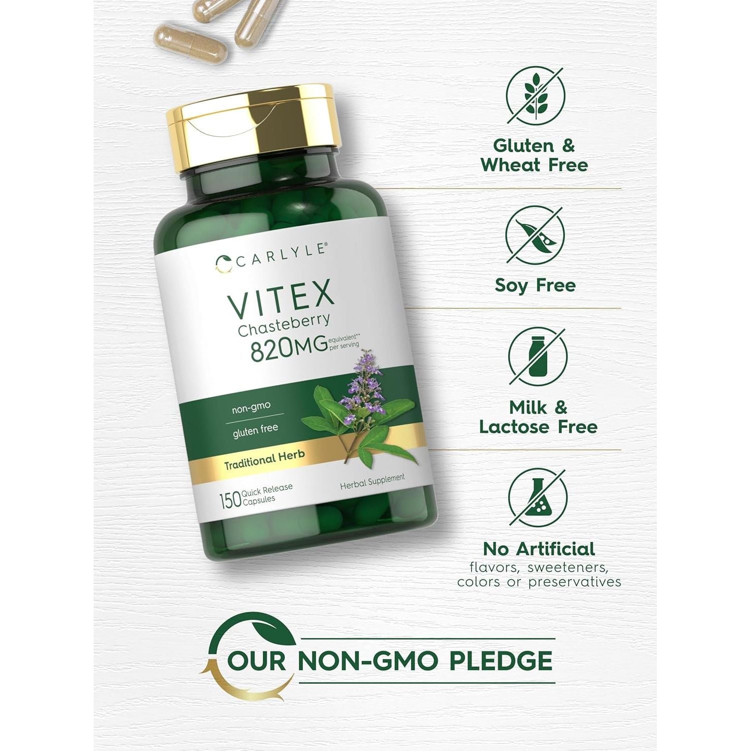 Carlyle Vitex Chasteberry Supplement | 820Mg | 150 Capsules | Vitex Agnus-Castus Fruit for Women | Non-Gmo, Gluten Free