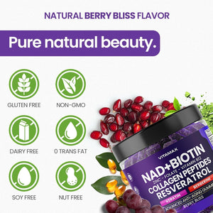 NAD+, Resveratrol, Berberine, & Biotin Anti-Aging Gummy - Hair, Skin, Nails & Joint Supplement - Made in USA 60 Count