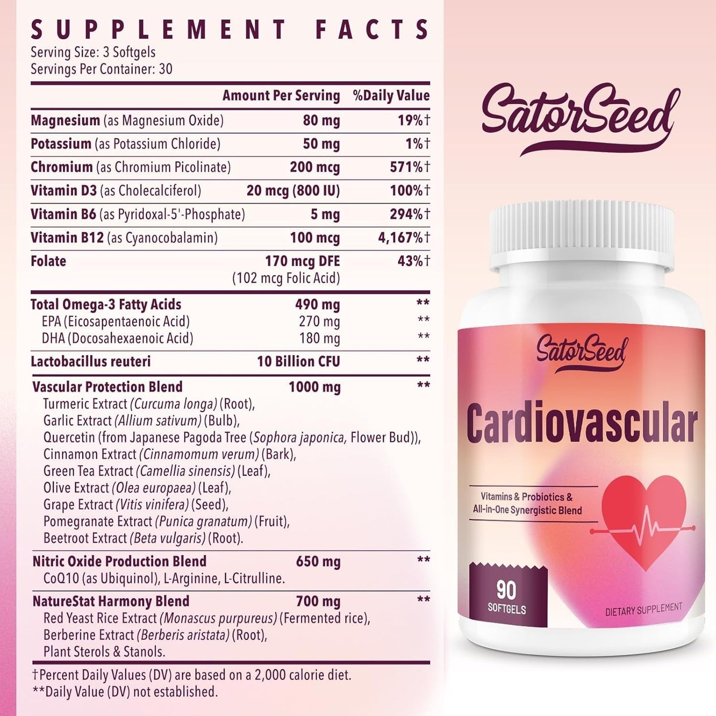 Cardiovascular Supplement 3000Mg – Vitamins, Probiotics, Omega-3, and Coq10 – 90 Softgels