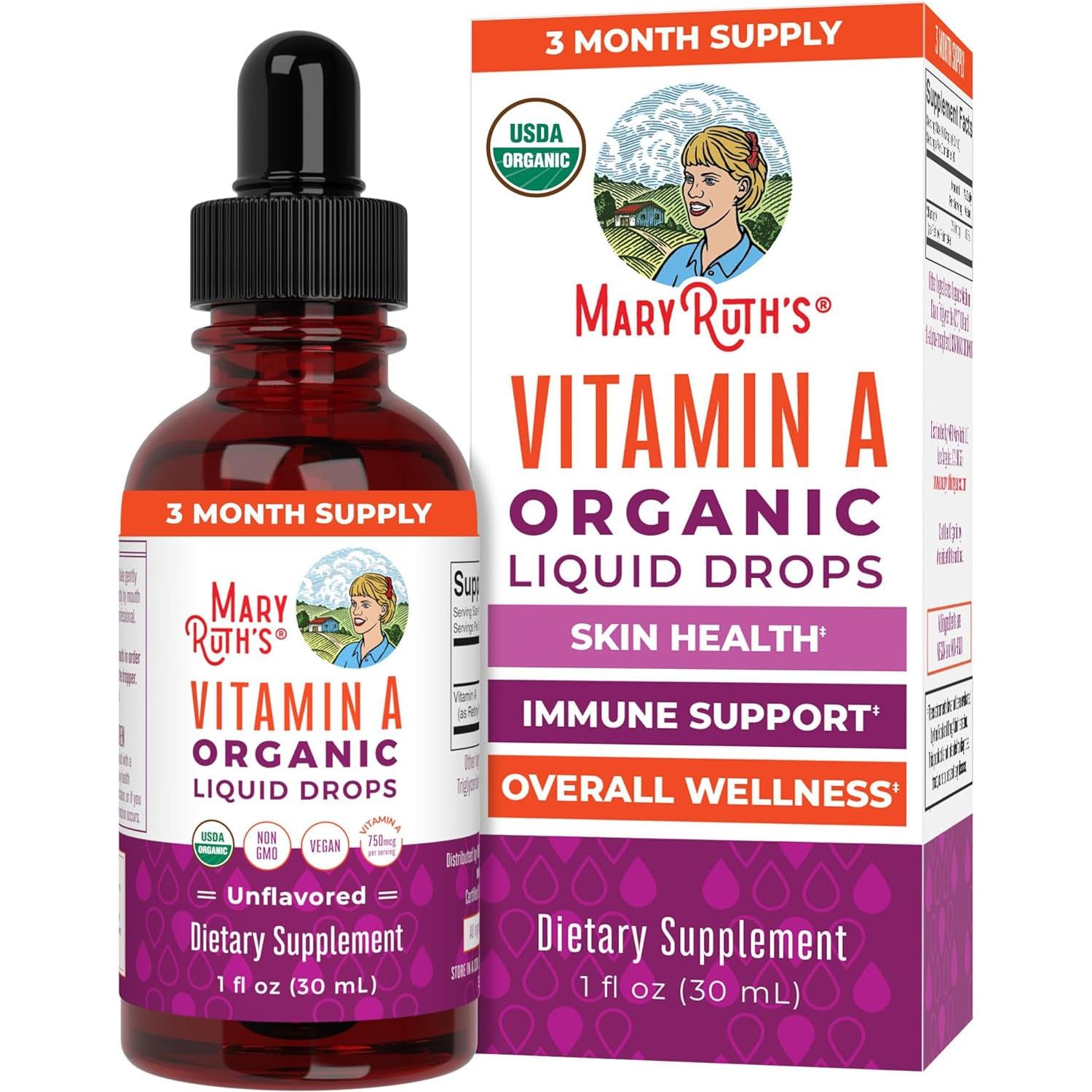 Maryruth Organics USDA Organic Vitamin A Liquid Drops for Immune Support, Eye Health, Skin Health for Ages 14+ | 3 Month Supply/10z