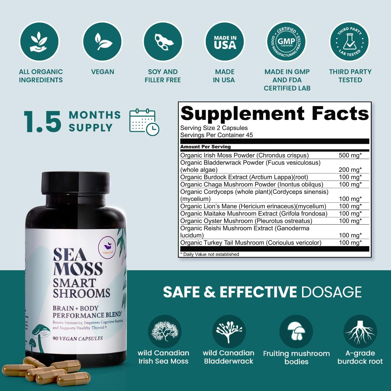 HAPPY FOX Irish Sea Moss Capsules & Mushroom Complex  for Brain Health, 1500Mg, 90 Capsules