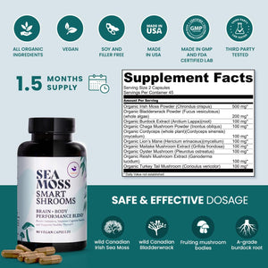 HAPPY FOX Irish Sea Moss Capsules & Mushroom Complex  for Brain Health, 1500Mg, 90 Capsules