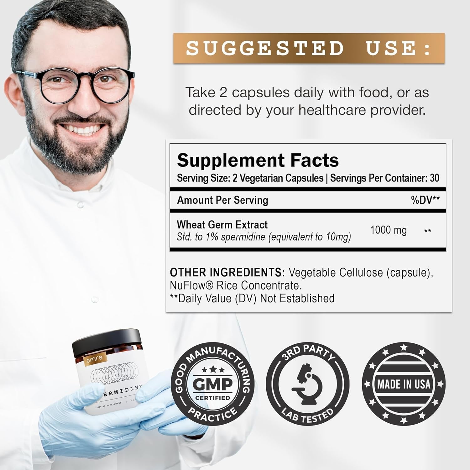 OMRE Spermidine Supplement 10Mg- 3Rd-Party Tested 1000Mg Wheat Germ Extract Standardized to No Less than 1% Spermidine