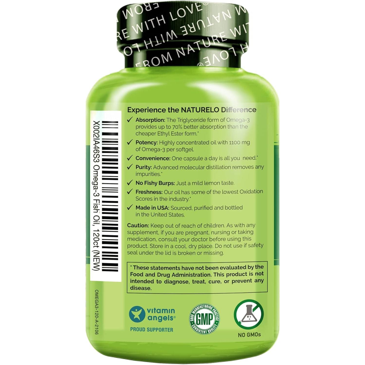 NATURELO Burpless Omega 3 Fish Oil Supplement - 1100Mg Triglyceride Omega-3, EPA + DHA 120 Softgels