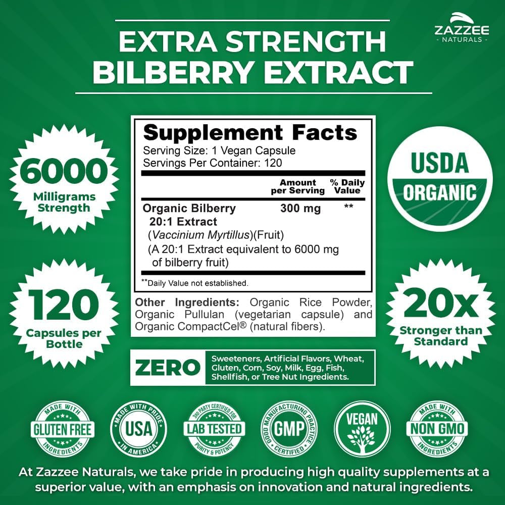 Zazzee USDA Organic Bilberry 20:1 Extract, 6000 Mg, 120 Vegan Capsules