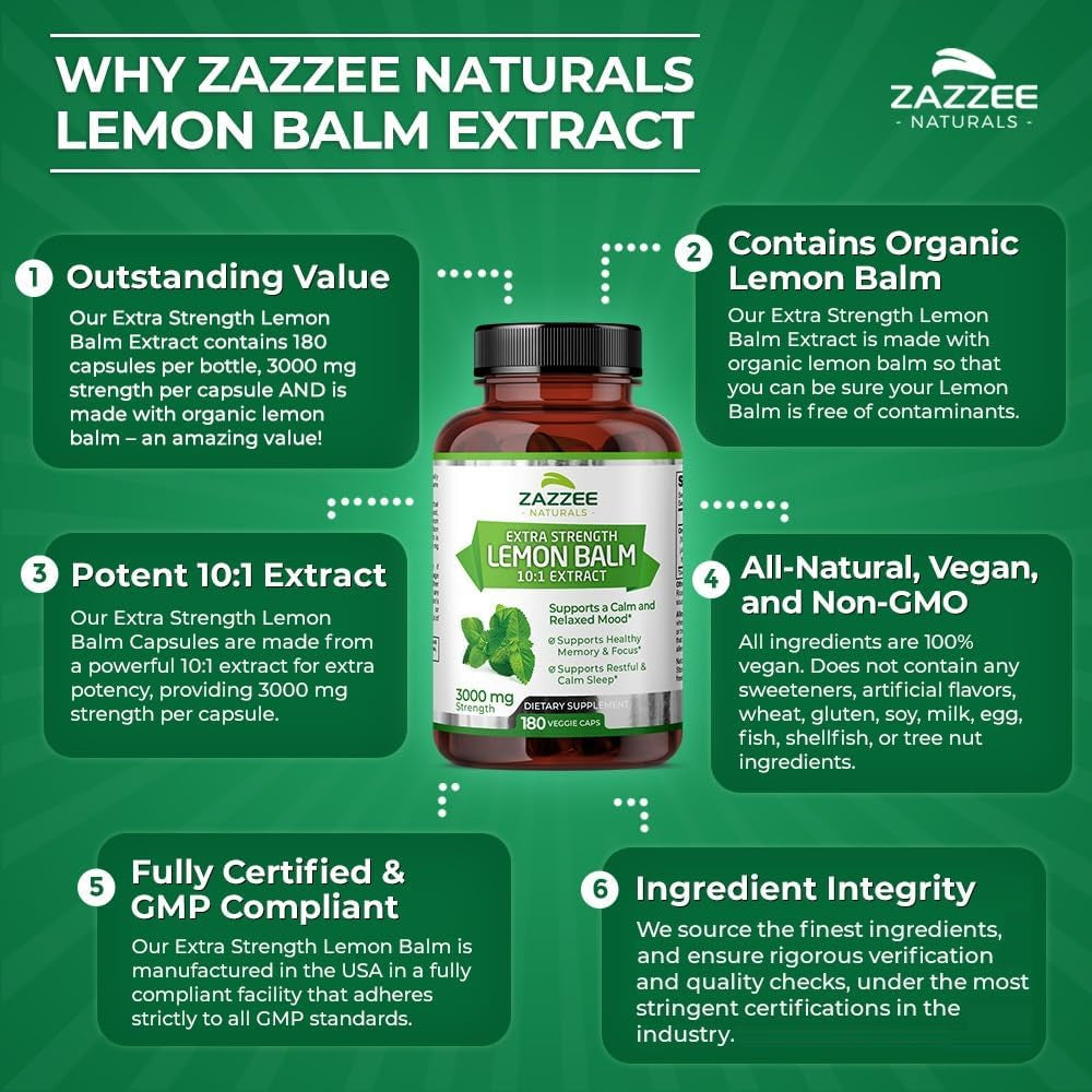 Zazzee Organic Lemon Balm 10:1 Extract (3000 Mg/180 Vegan Capsules)