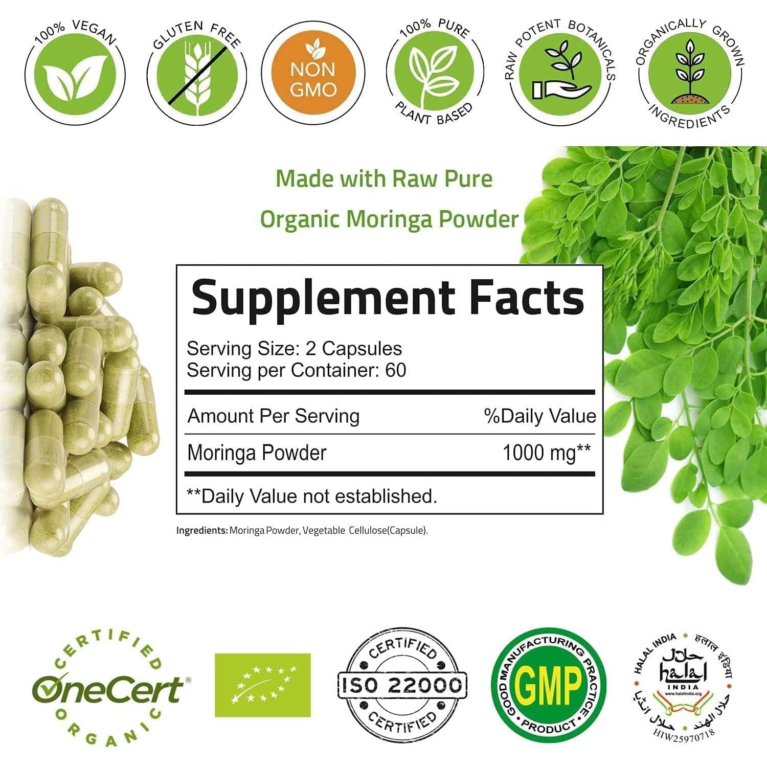 Organic Moringa Capsules –  Energy, Metabolism, & Immune Support 120 Capsules 1000Mg