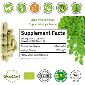 Organic Moringa Capsules –  Energy, Metabolism, & Immune Support 120 Capsules 1000Mg