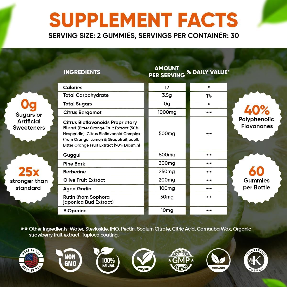 2900Mg Citrus Bergamot Blend 25:1 Extract Gummies for Immune System Support & Healthy Aging 60 Ct