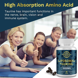 Liposomal Taurine Supplement 1000Mg, High Absorption Amino Acid for Heart, Nerve, Brain, Visual, Longevity & Muscle (60 Softgels)