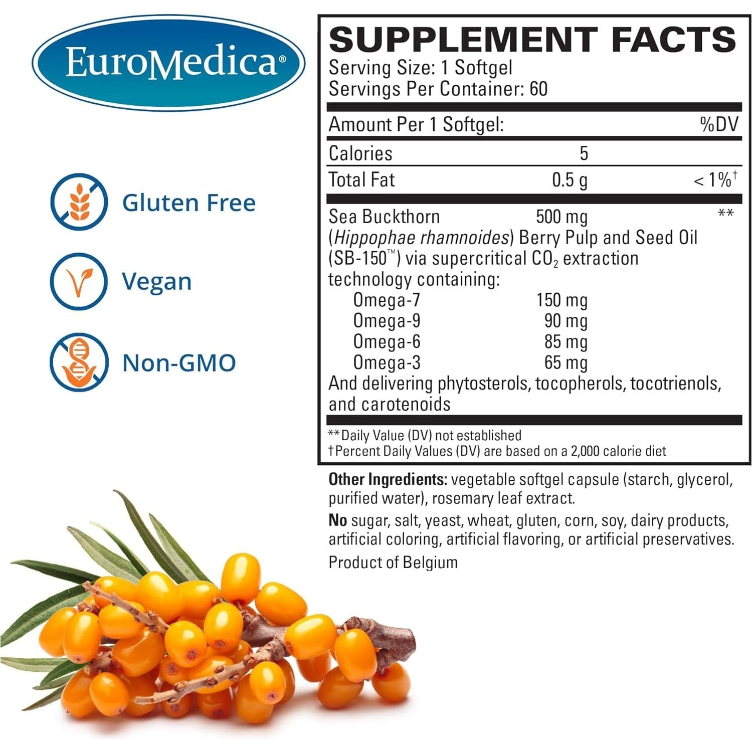 Euromedica Prohydra-7 - Skin Health Support Supplement with Omega-7 Sea Buckthorn Oil - 60 Softgels