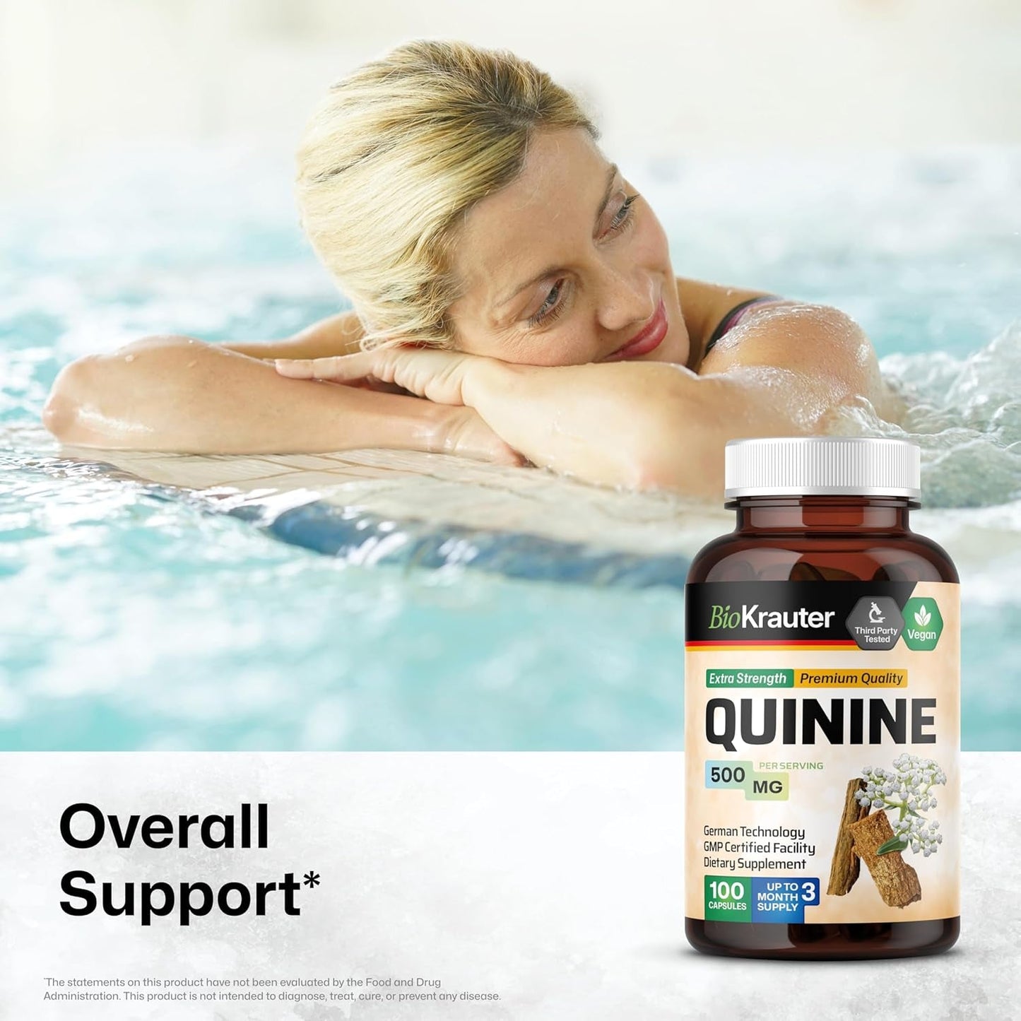 BIO KRAUTER Quinine for Leg Cramps Capsules 500 Mg - 100 Count - Cinchona Bark Powder - Quinine Capsules - Vegan, No Fillers