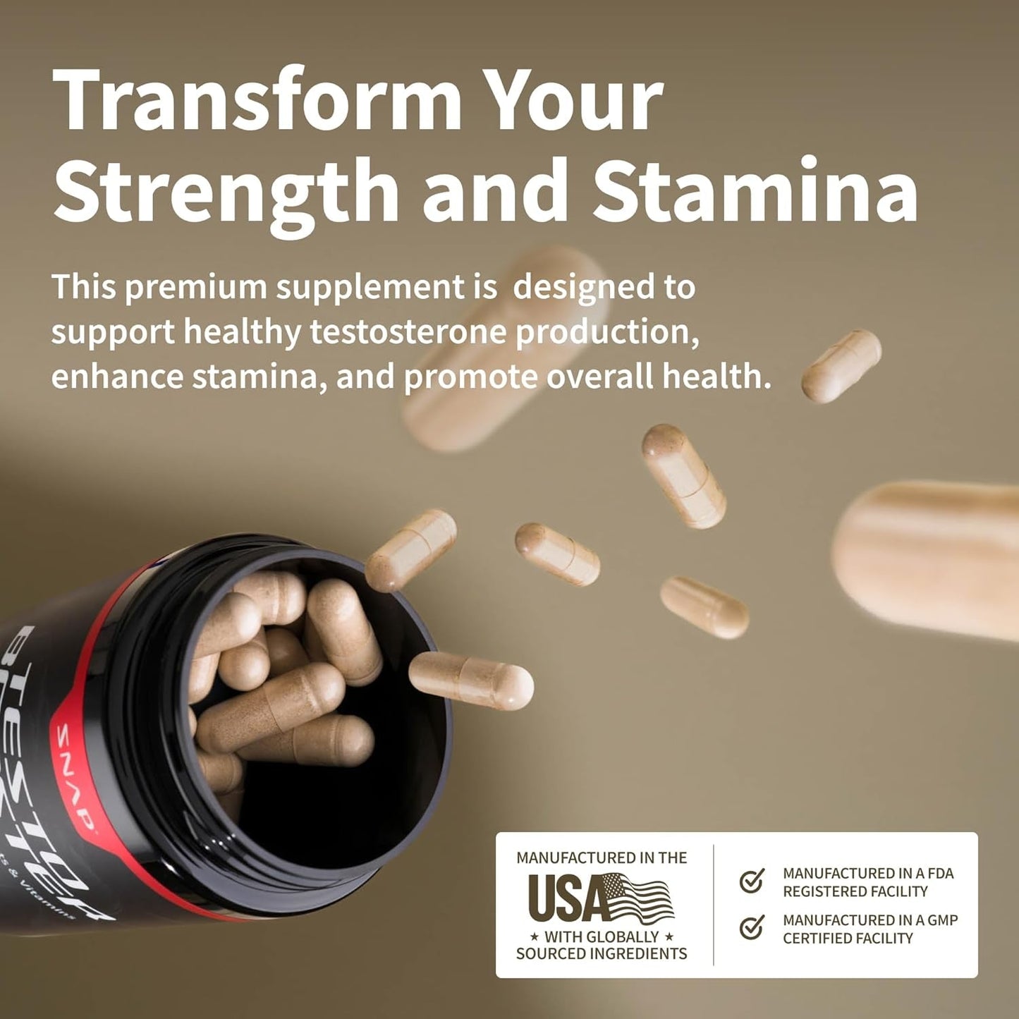 Snap Testosterone Booster for Men - Promotes Muscle Growth, Enhancing Natural Energy, Stamina and Strength 60 Capsules