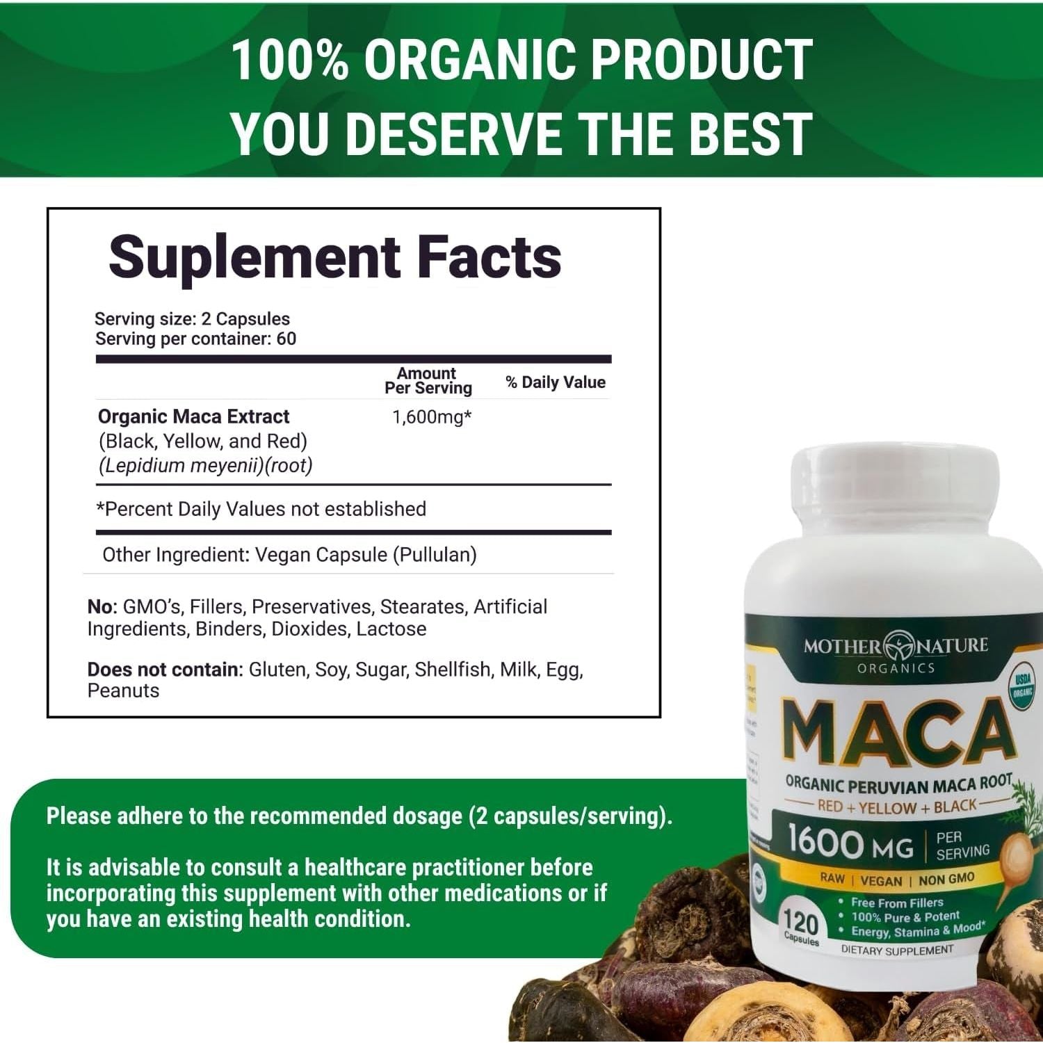Mother Nature USDA Organic Maca Root 1600Mg, Supports Mood, Hormonal Balance Reproduction & Energy (120Ct)