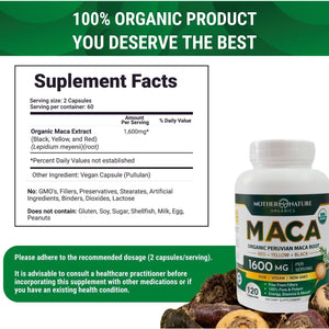 Mother Nature USDA Organic Maca Root 1600Mg, Supports Mood, Hormonal Balance Reproduction & Energy (120Ct)