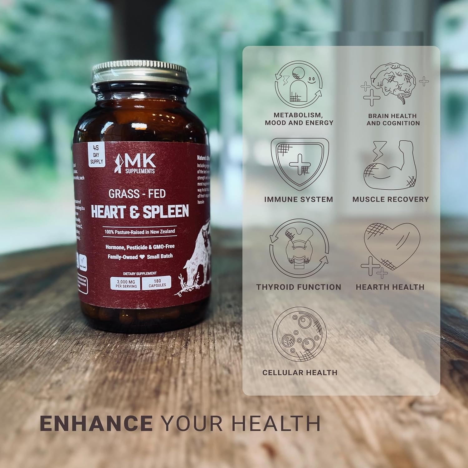 MK Supplements – Grass-Fed Heart & Spleen 3000 Mg, Heme Iron, Heart, Immunity, Allergy Support, 180 Capsules