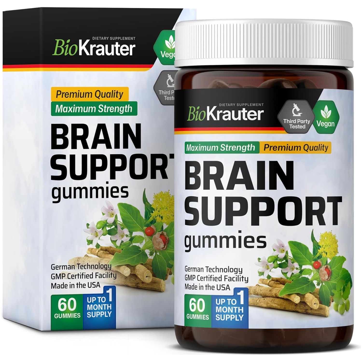 BIO KRAUTER Brain Support Gummies - Natural Brain Supplement - 60 Vegan Chews 