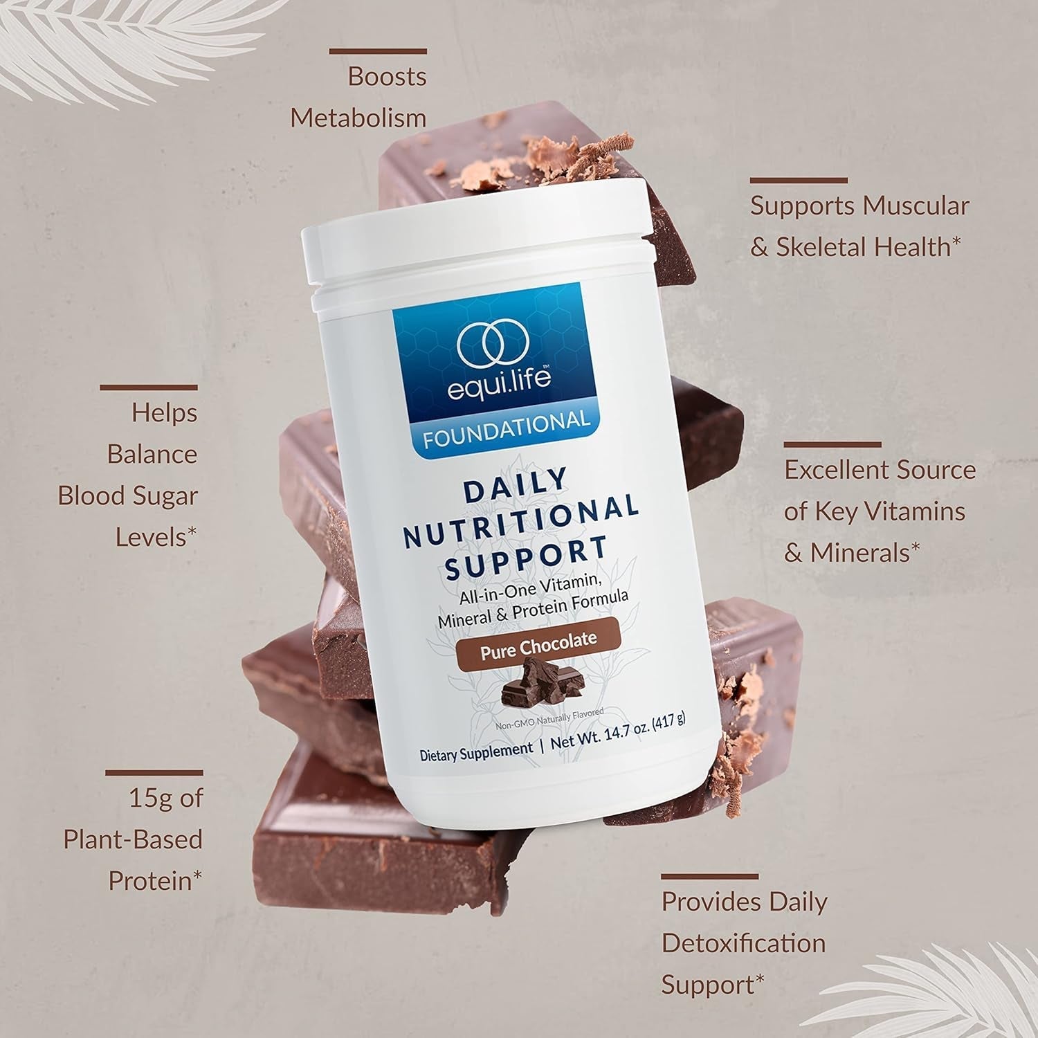 Equilife - Daily Nutritional Support, Organic and Plant Based Protein Powder, All-In-One Multivitamin (Pure Chocolate,14 Servings Tub)