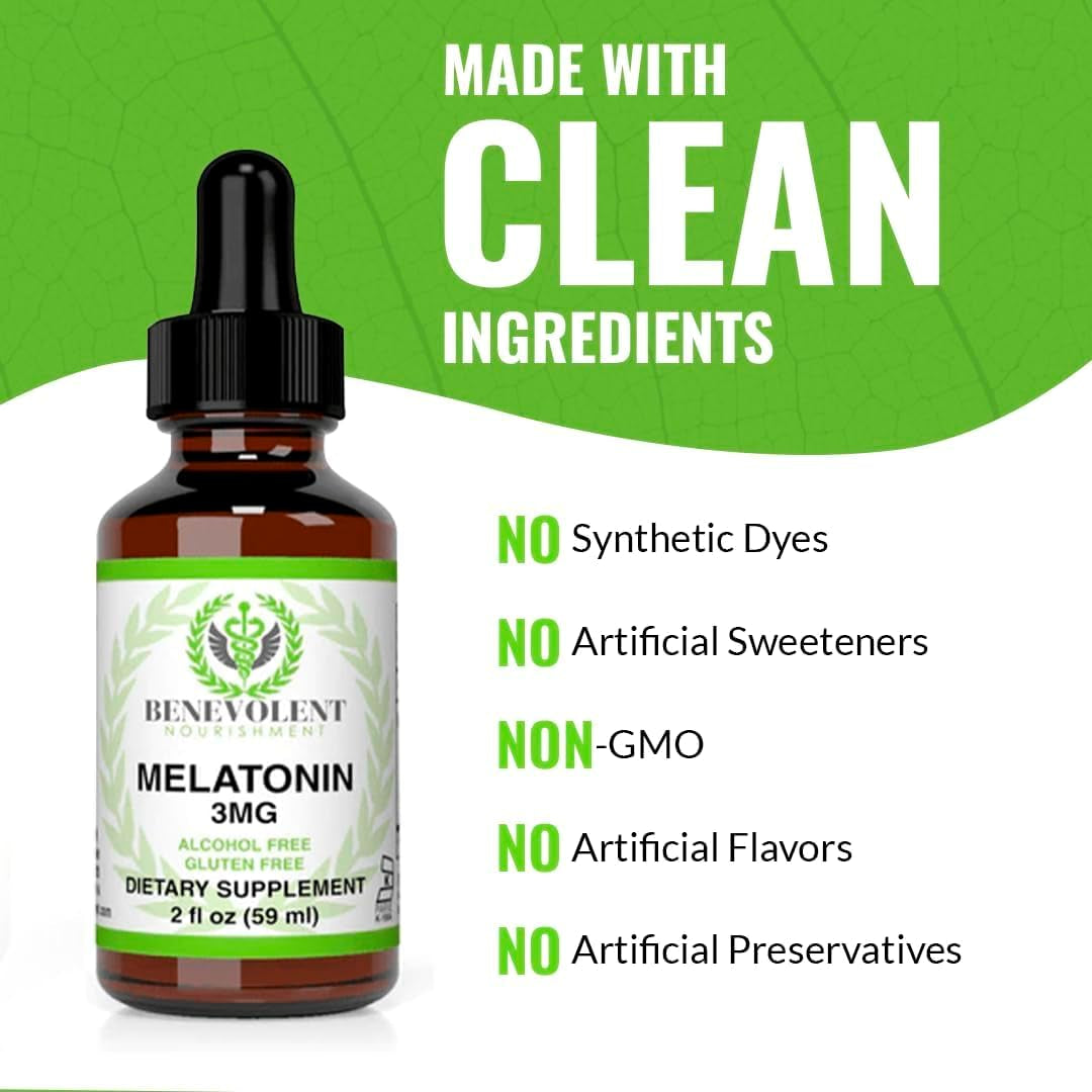 Benevolent Melatonin Liquid for Adults & Kids 3Mg 2 Month Supply