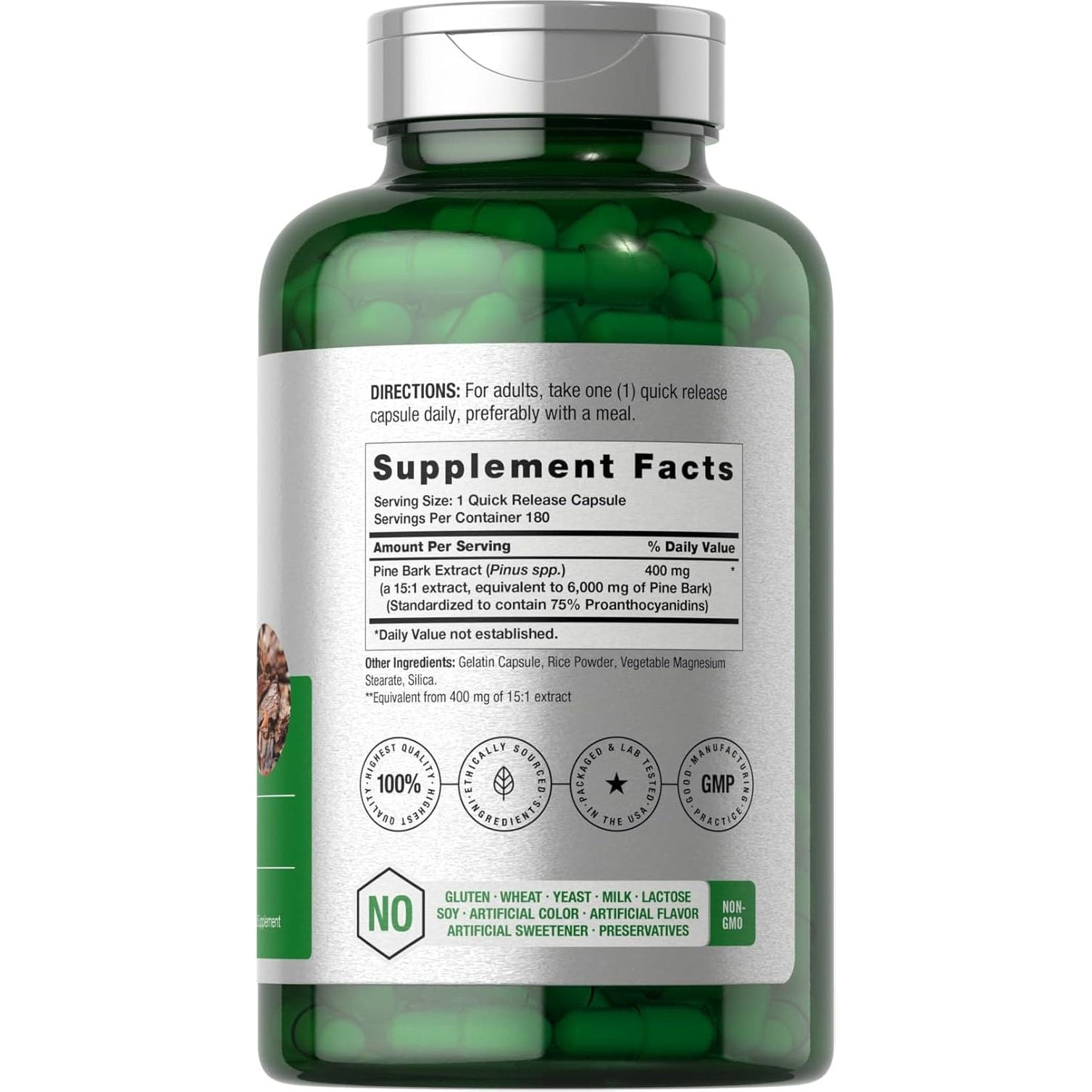 Horbäach Pine Bark Extract | 6000 Mg | Standardized to Contain 75% Proanthocyanidins 180 Capsules