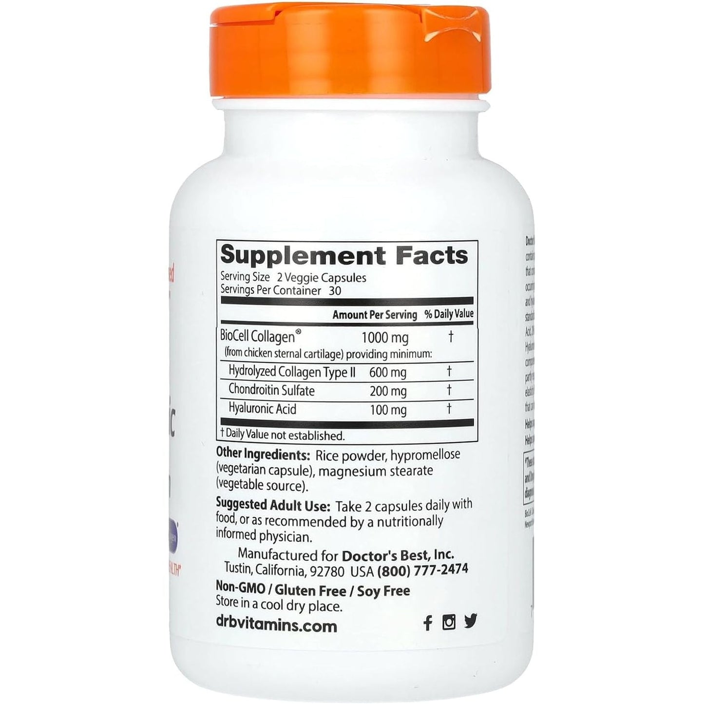 Doctor'S Best Hyaluronic Acid with Chondroitin Sulfate, Featuring Biocell Collagen, Non-Gmo, Gluten Free, Soy Free, Joint Support