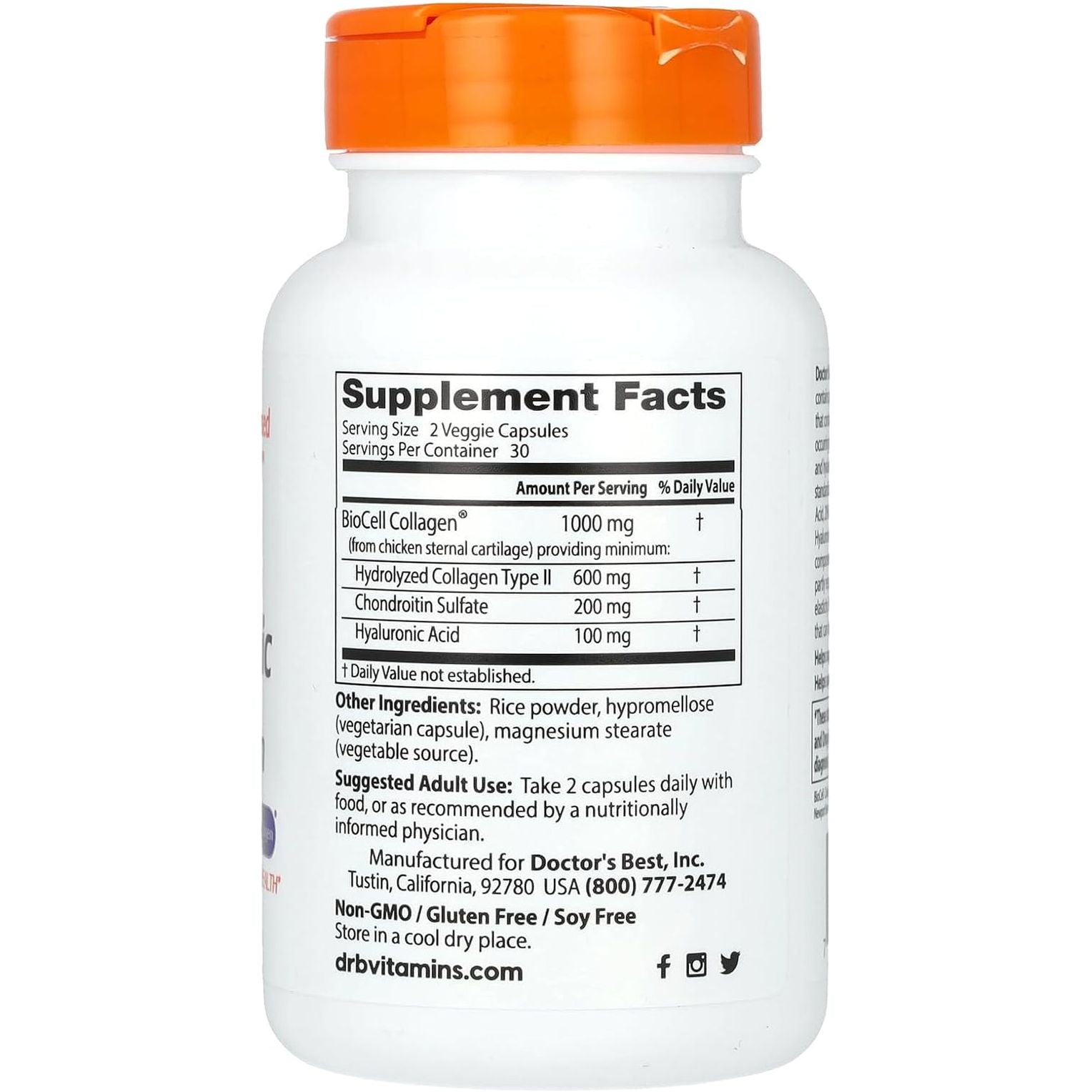 Doctor'S Best Hyaluronic Acid with Chondroitin Sulfate, Featuring Biocell Collagen, Non-Gmo, Gluten Free, Soy Free, Joint Support