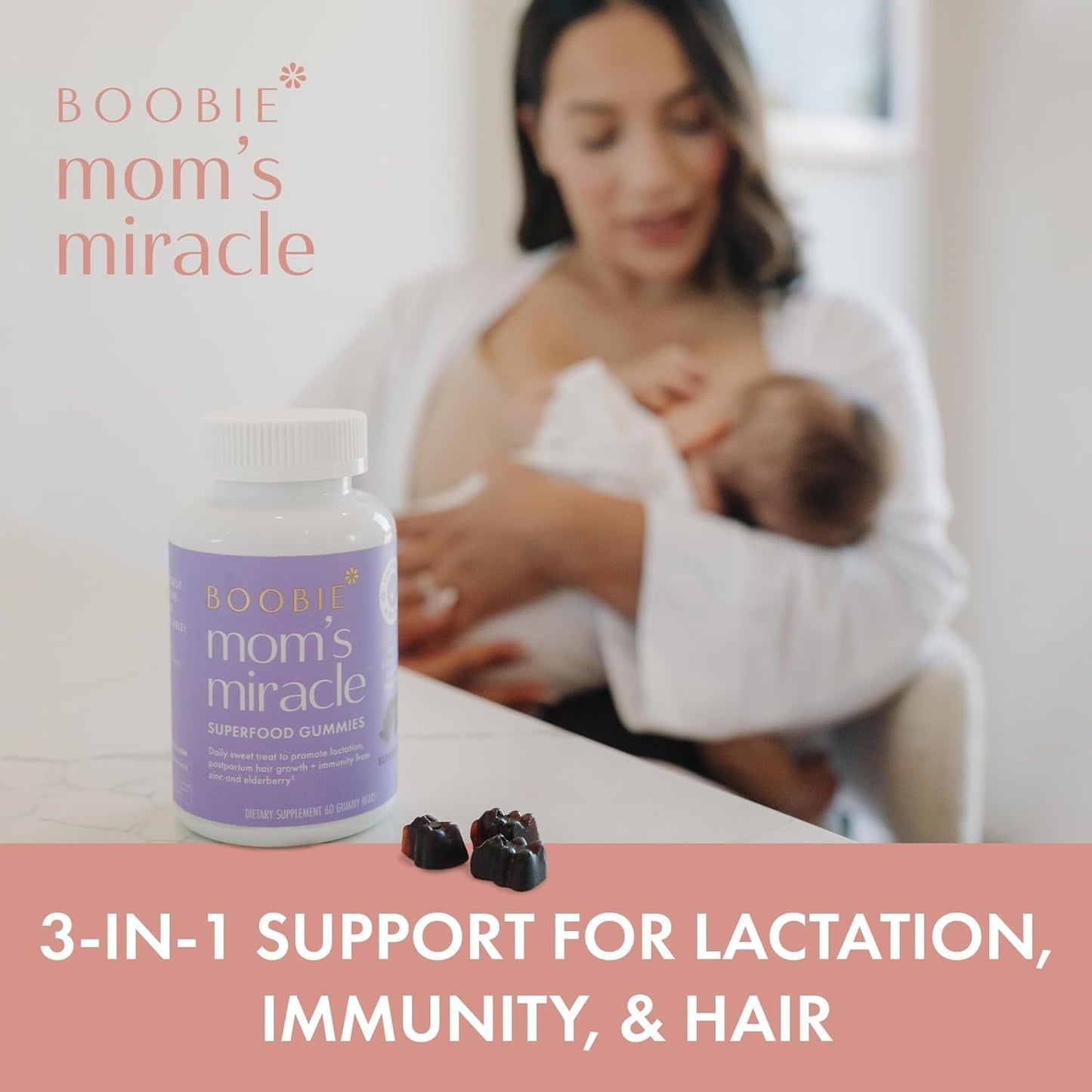 Boobie Bears Lactation Support Gummies | Helps as Milk Supply Booster & Supports Immune Health & Hair Growth 60 Count