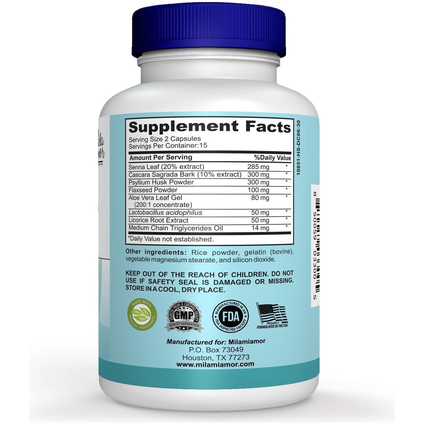 Milamiamor 15 Day Cleanse - Gut and Colon Support - Made in USA - 30 Capsules