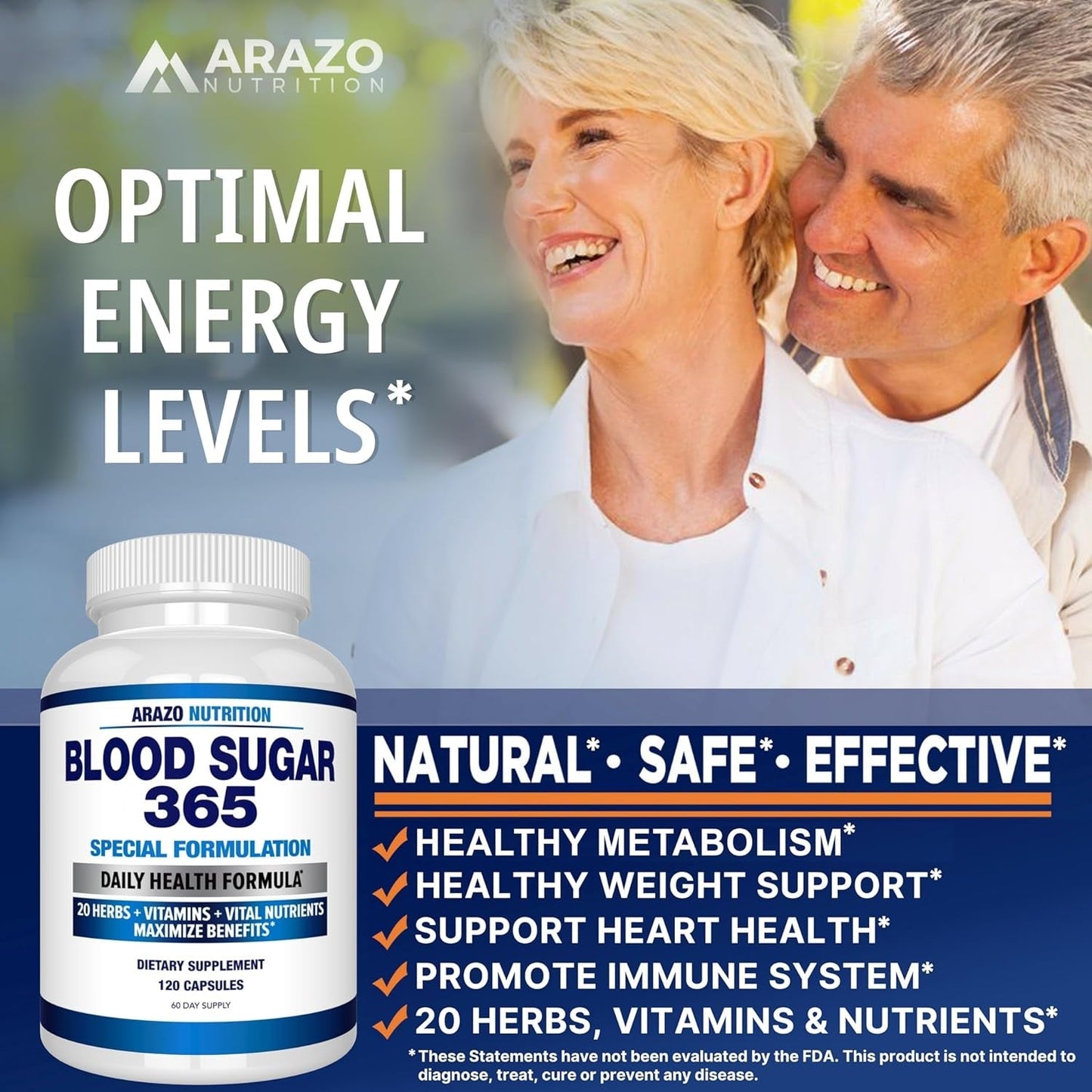 Arazo Nutrition Blood Sugar 365 Supplement – Supports Healthy Energy Levels - 120 Herbal Pills - 60 Day Supply