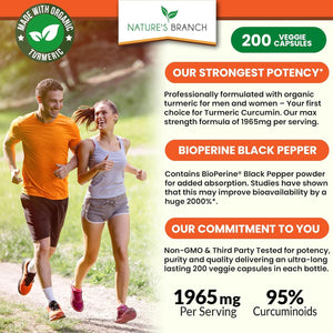 Turmeric Curcumin with Black Pepper Extract - Organic Powder - Joint Support Supplement, Made in USA - (200 Capsules/1965Mg )
