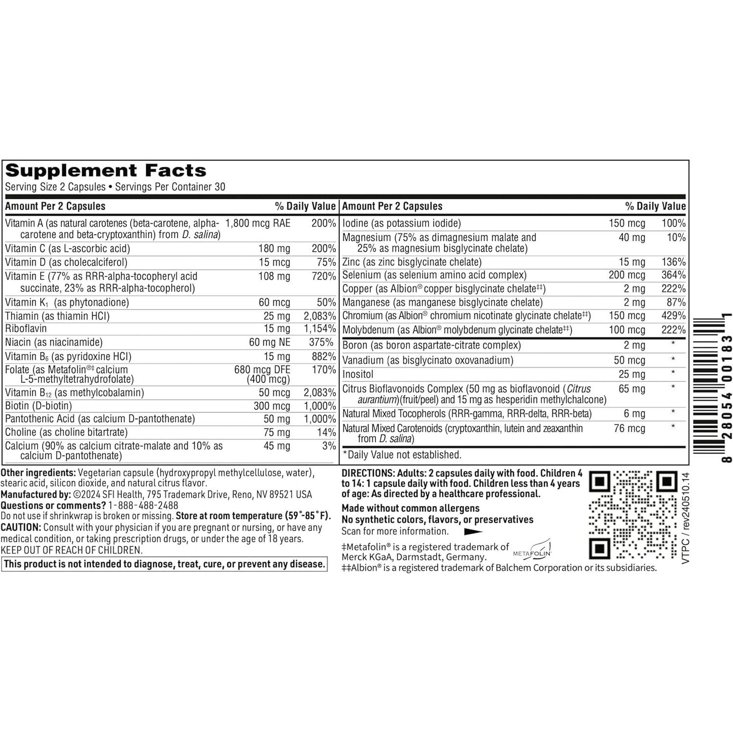 Klaire Labs Vitaprime - Twice Daily Iron-Free Multivitamin & Mineral with Methyl Folate (60 Capsules)