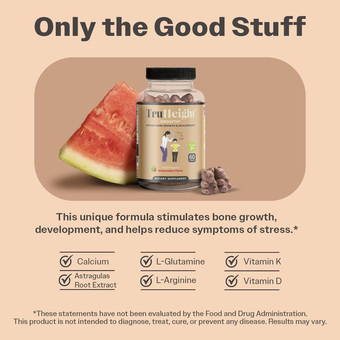 Truheight Growth Gummies (Watermelon) Natural Growth & Development Supplement for Kids & Teens - Ages 5+