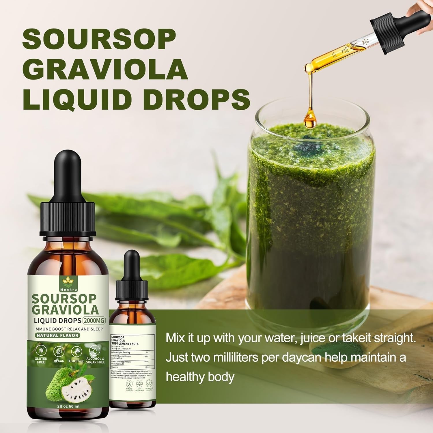 Soursop Graviola Liquid Drops 2000Mg - Immune Boost, Cell Support & Regeneration 2 Fl Oz