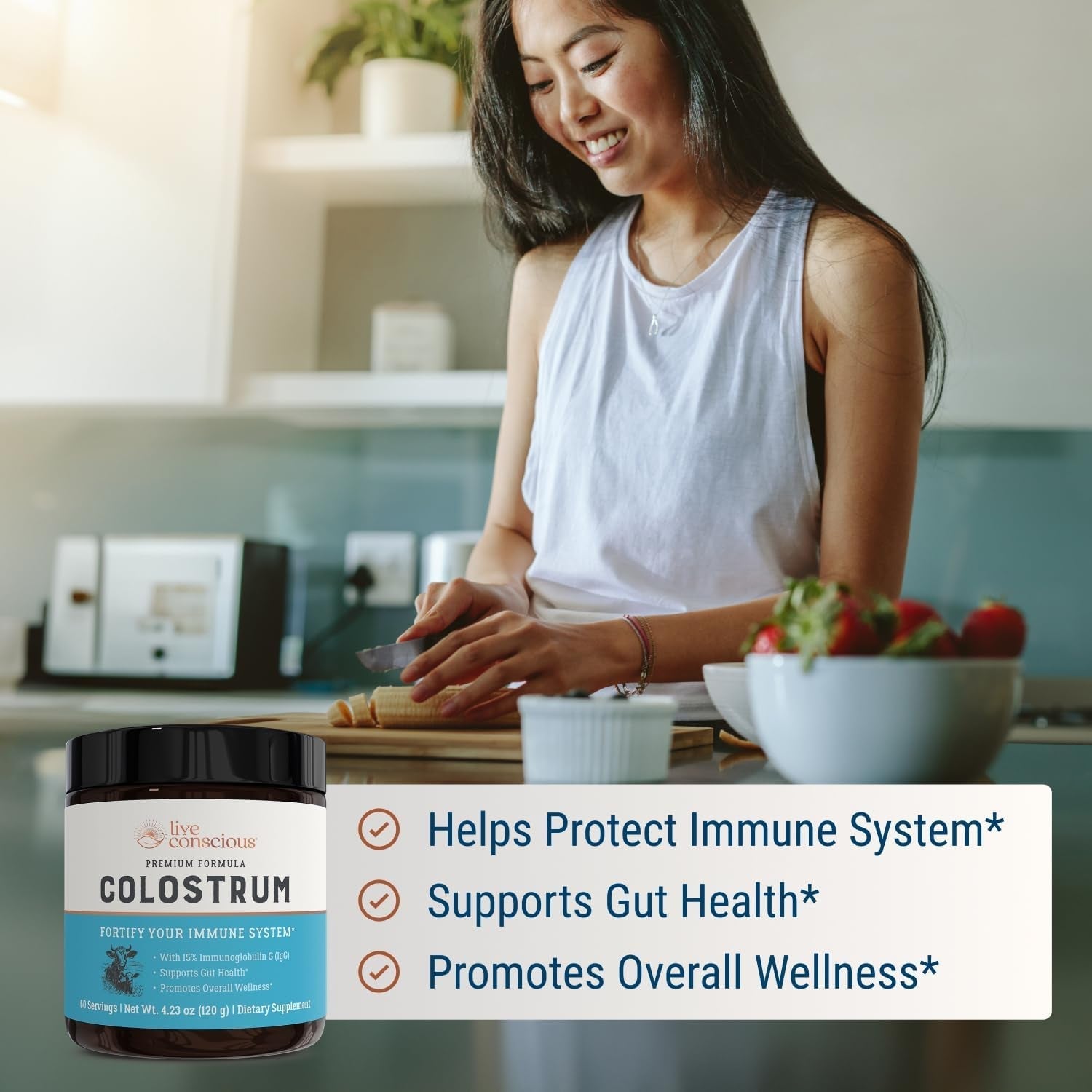 Live Conscious Colostrum Powder with Lactoferrin for Iron Absorption - Immune System Supplement