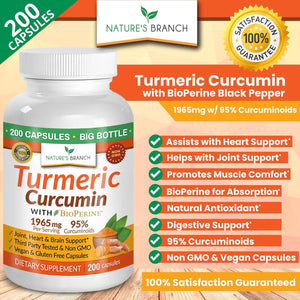Turmeric Curcumin with Black Pepper Extract - Organic Powder - Joint Support Supplement, Made in USA - (200 Capsules/1965Mg )