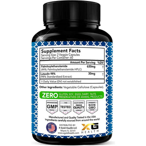 Palmitoylethanolamide 630 Mg + Luteolin Standardized 98% - Made in USA - 120 Veggie Capsules