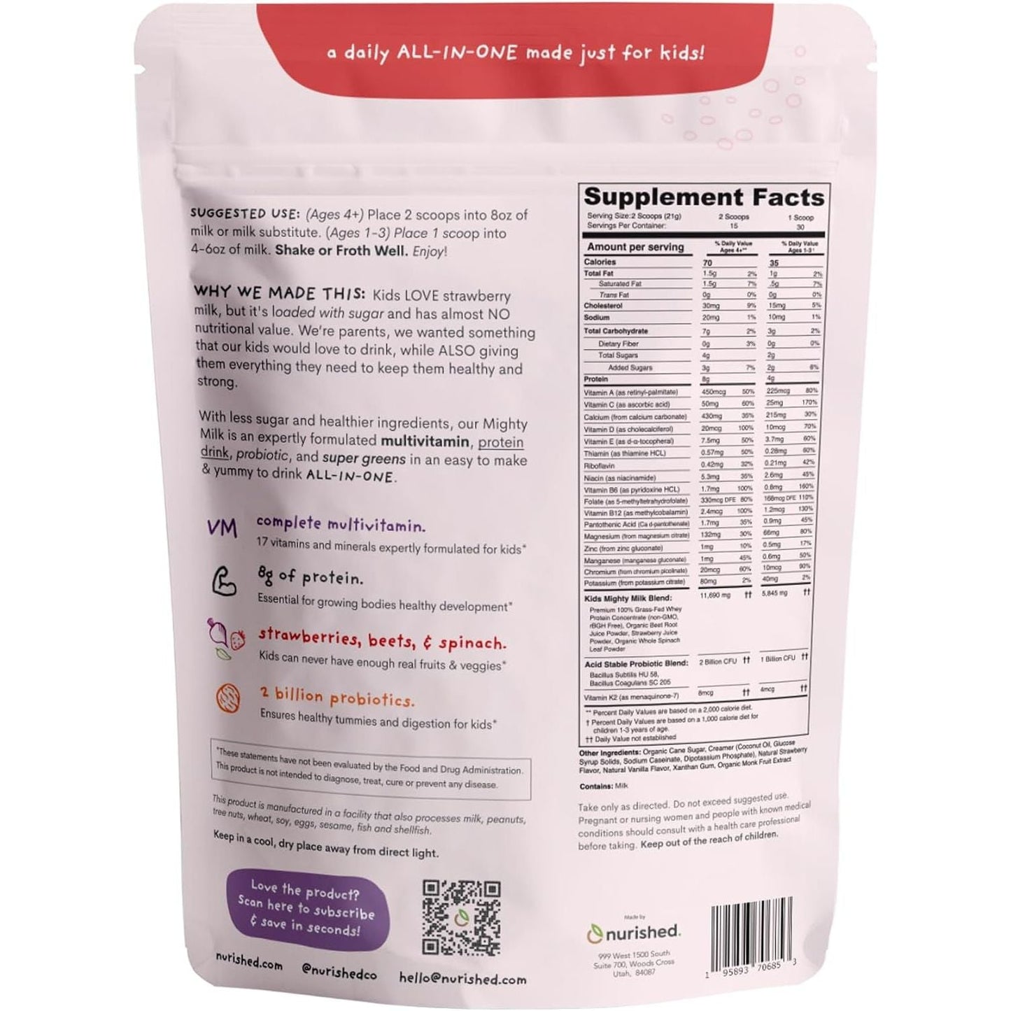 Mighty Strawberry Milk - Kids All-In-One Daily Protein Powder & Multivitamin Boosted with 2 Billion Probiotics & Organic Spinach 15-30 Servings