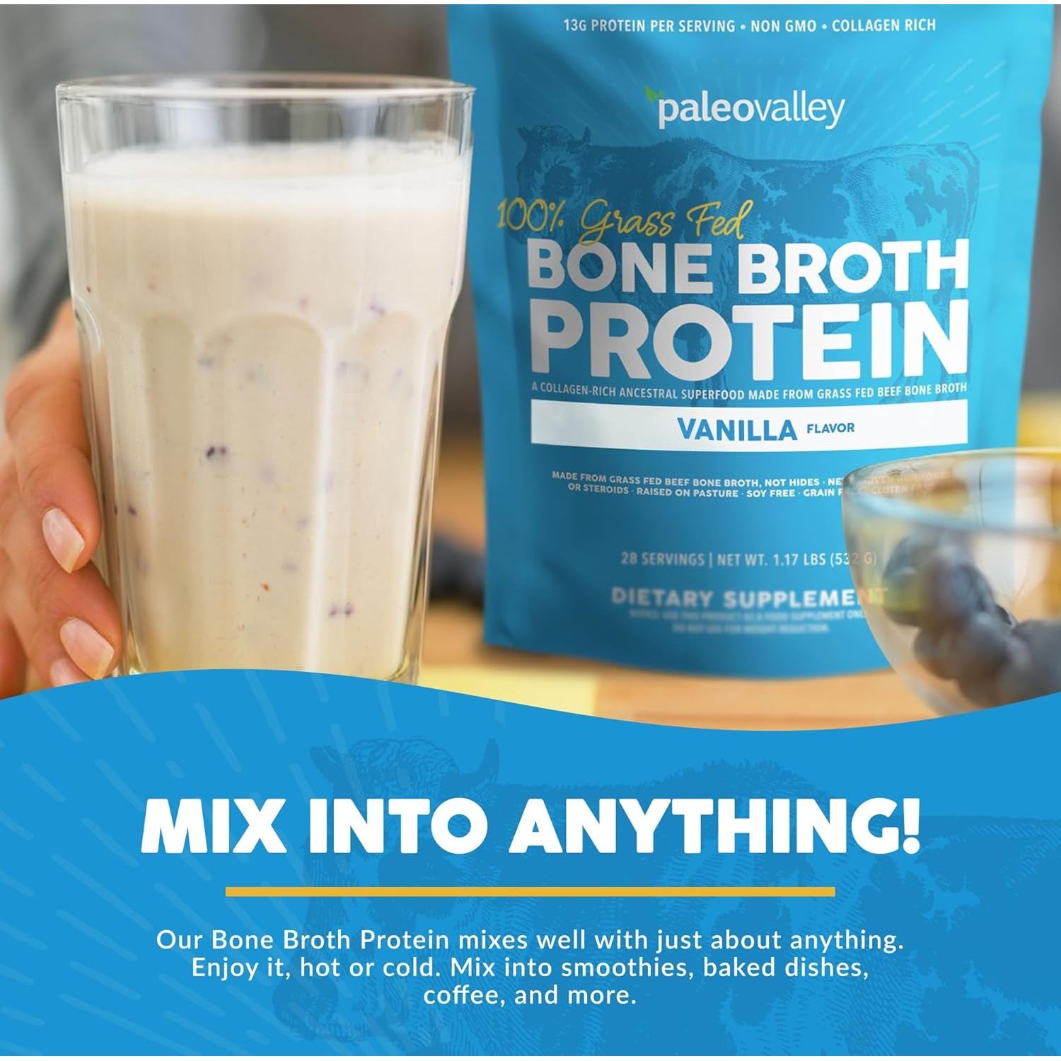 Paleovalley 100% Grass Fed Bone Broth Protein Powder - Vanilla - 28 Servings